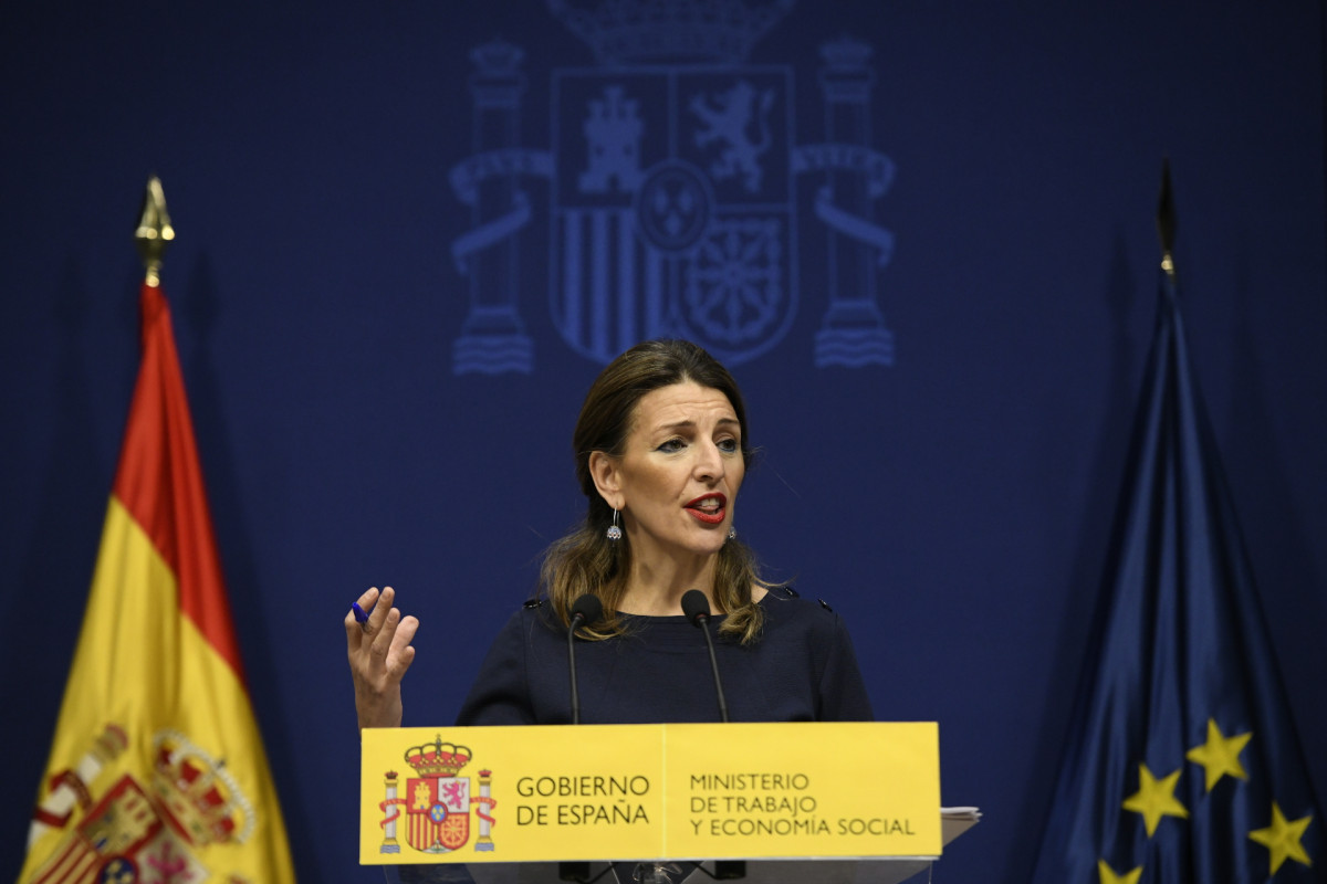 A ministra de Traballo e Economía Social, Yolanda Díaz, en rolda de prensa tras as súas reunións con asociacións de traballadores autónomos,  en Madrid (España), ao 29 de xaneiro de 2020.