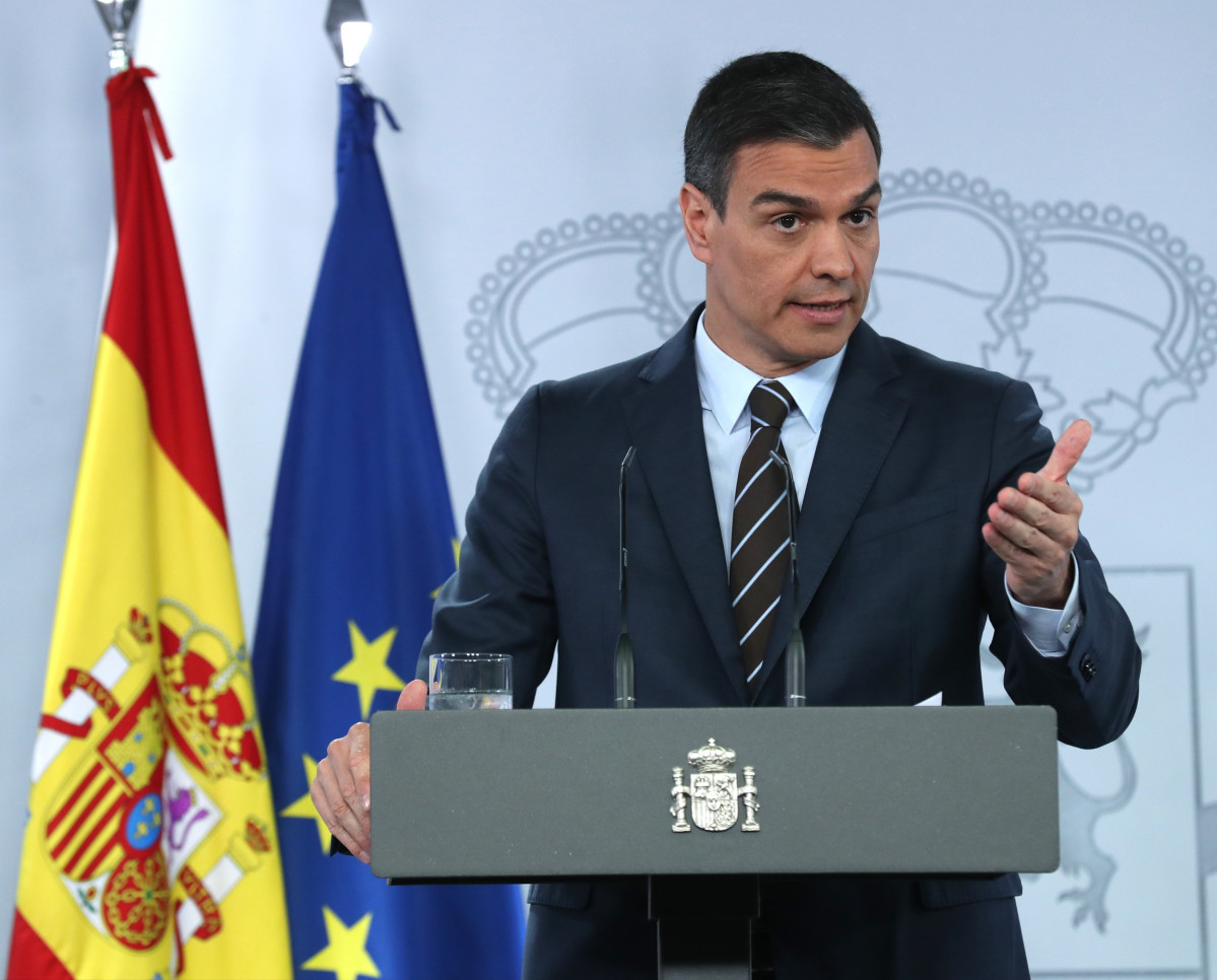 O presidente do Goberno, Pedro Sánchez, durante unha rolda de prensa tras a súa reunión por videoconferencia cos presidentes autonómicos, en Madrid (España) ao 7 de xuño de 2020.