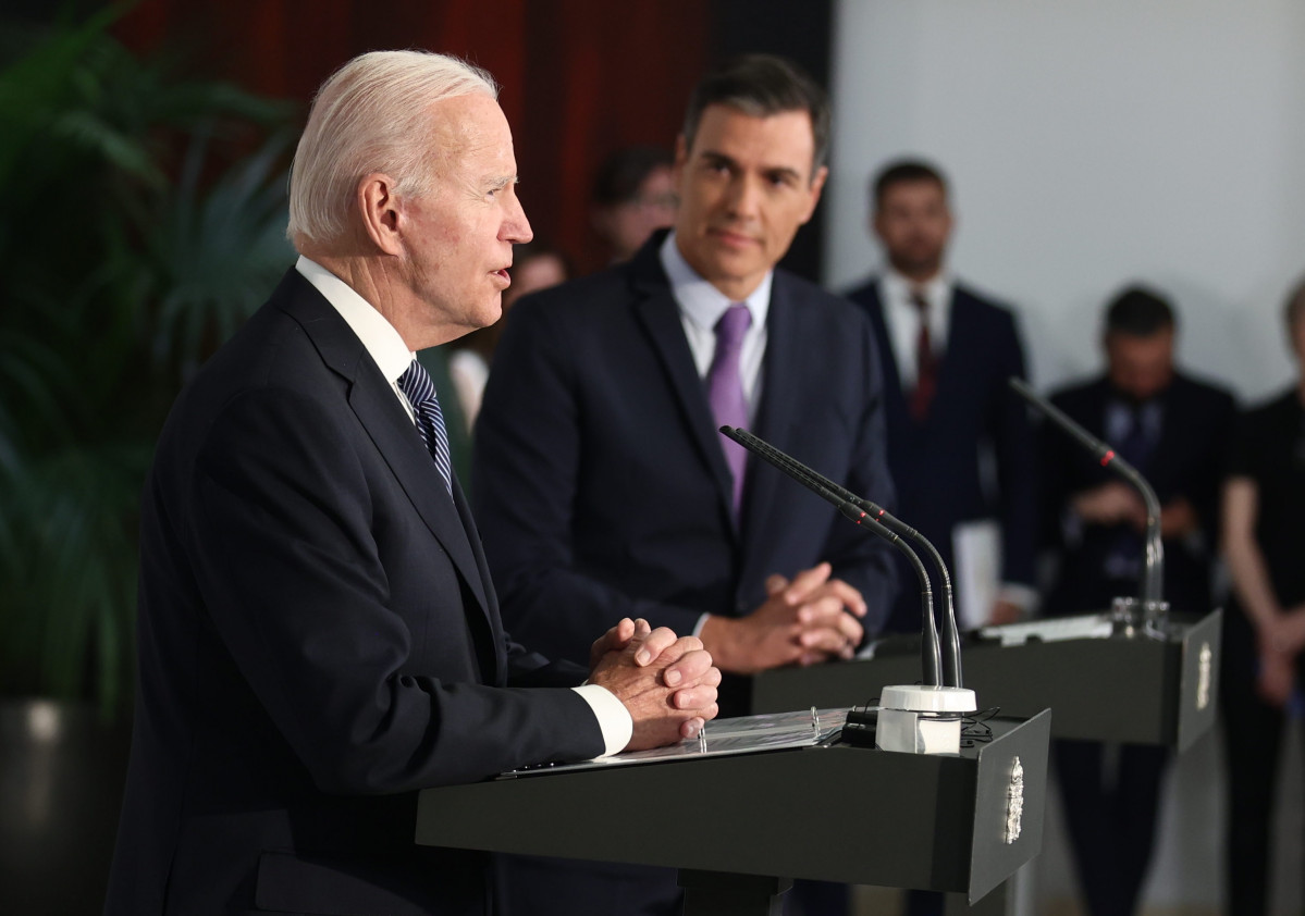 O presidente dos Estados Unidos, Joe Biden, comparece tras a súa reunión co presidente do Goberno, no Palacio da Moncloa, ao 28 de xuño de 2022, en Madrid (España). Joe Biden chegou á primeira hora da tarde á base aérea de Torrexón d