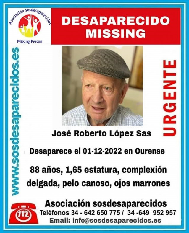 Cartel informativo sobre la desapareción de José Roberto López Sas, desparecido en Ourense el 1 de diciembre