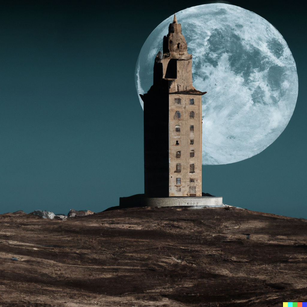 Torre de Hu00e9rcules en la luna en una imagen creada por la inteligencia artificial DALLE