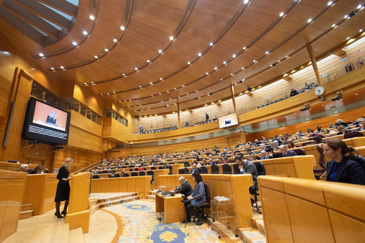 La vicepresidenta segunda y ministra de Trabajo, Yolanda Díaz, interviene durante un pleno del Congreso de los Diputados, en el Palacio del Senado, a 10 de enero de 2024, en Madrid (España). El Plen