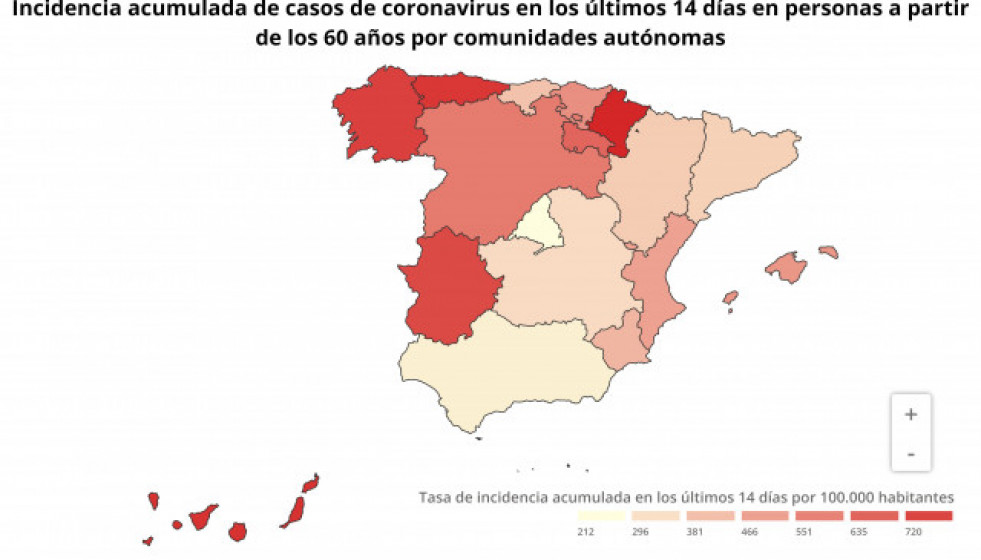 Incidencia acumulada de casos de coronavirus en los ultimos 14 dias en personas a partir de los 60 a