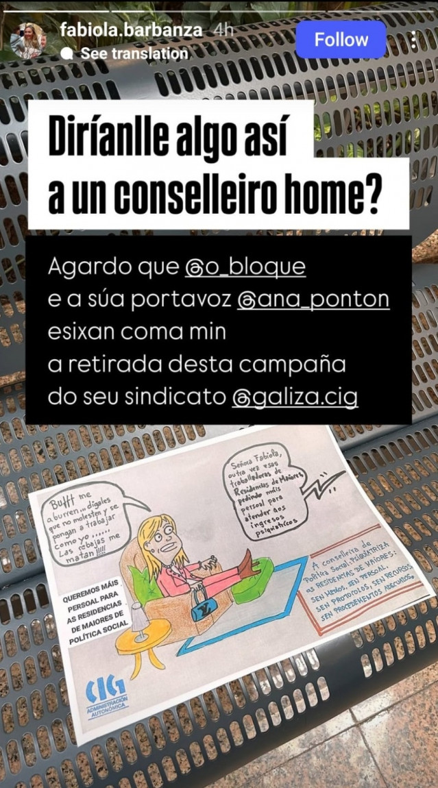 Cartel de la CIG sobre la conselleira de Política Social, Fabiola García, y su petición de retirada