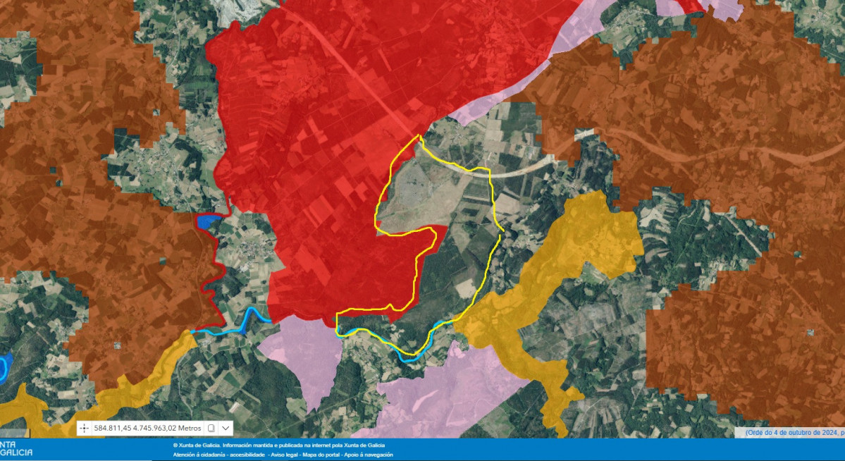 Mapa publicado en el DOG finalmente, con los terrenos de Altri enmarcados con una lu00ednea amarilla por la SGHN