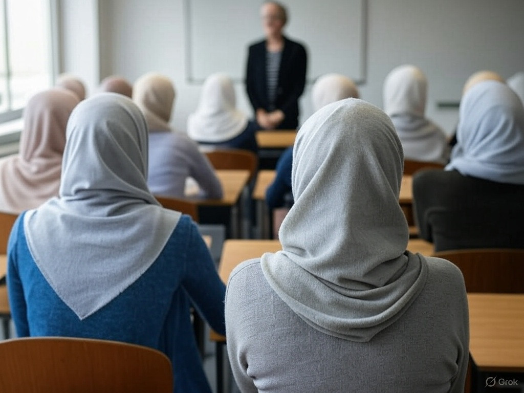 Alumnas con hiyab en un aula en una imagen creada por IA