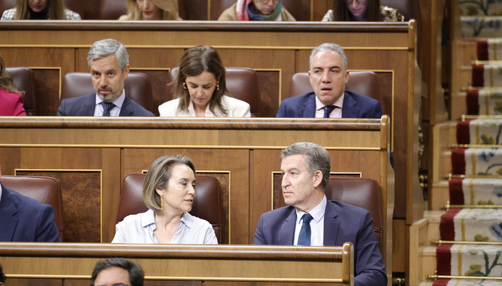 Archivo - La secretaria general del PP, Cuca Gamarra y el presidente del PP, Alberto Núñez Feijóo, durante una sesión de control al Gobierno, en el Congreso de los Diputados, a 18 de diciembre de