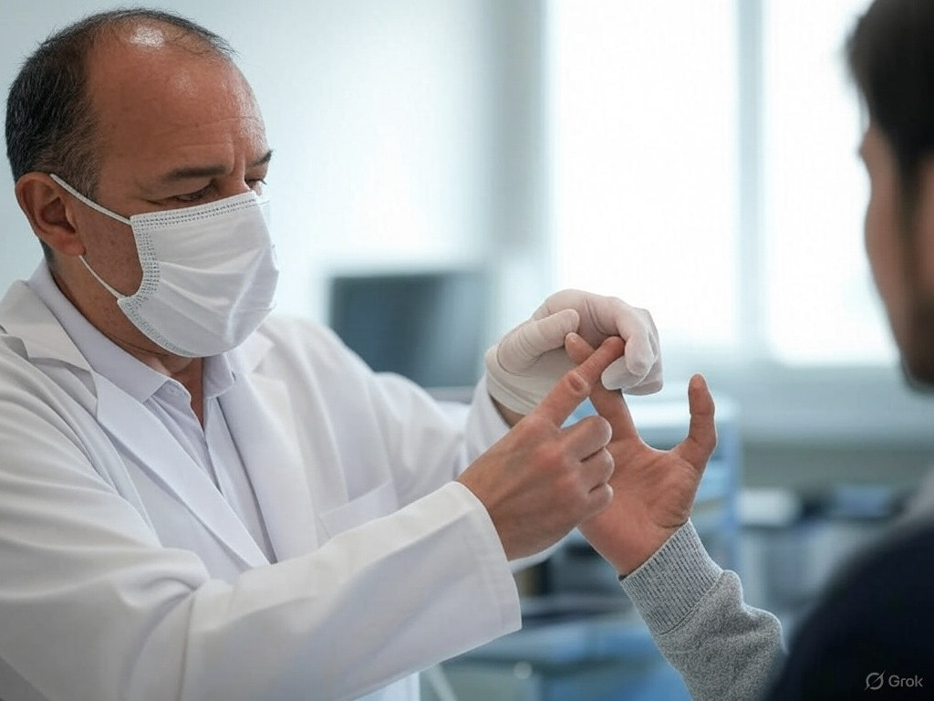 Imagen creada con IA de un mu00e9dico revisando una berruga en un dedo