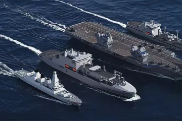 Representación gráfica de dos FSS como los que construirá Navantia UK al lado de un portaviones
