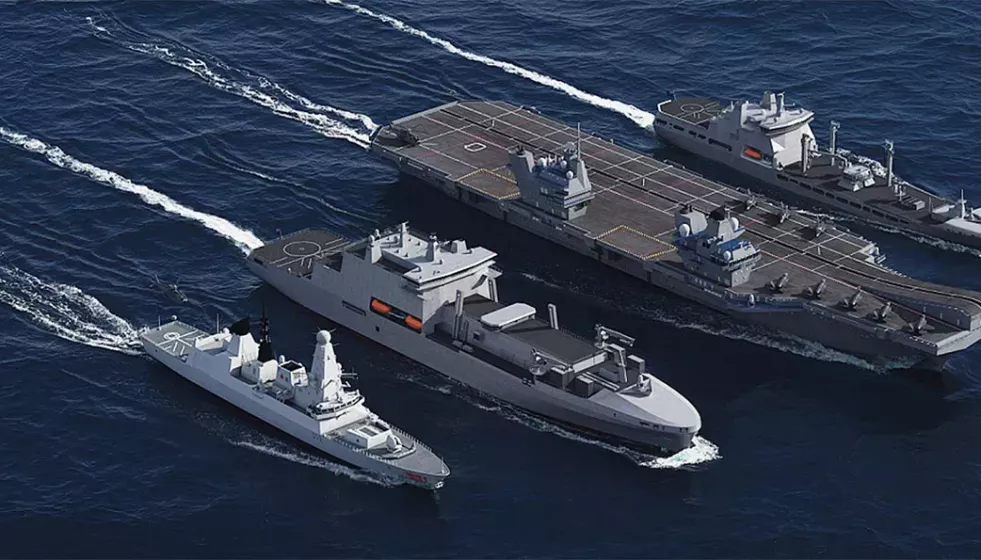 Representación gráfica de dos FSS como los que construirá Navantia UK al lado de un portaviones