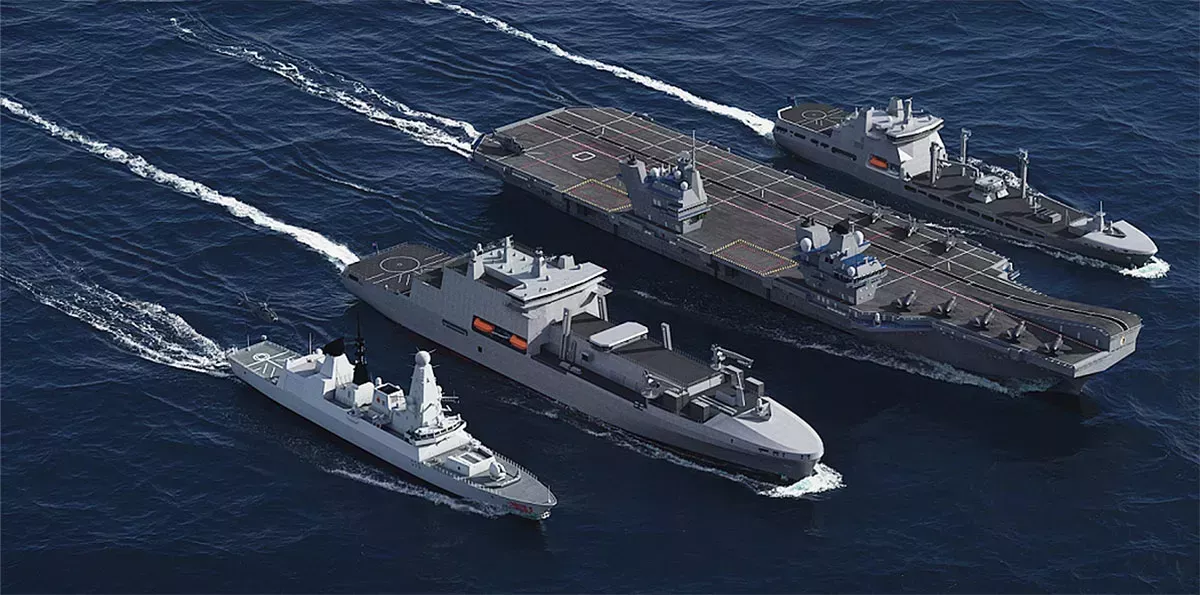 Representación gráfica de dos FSS como los que construirá Navantia UK al lado de un portaviones