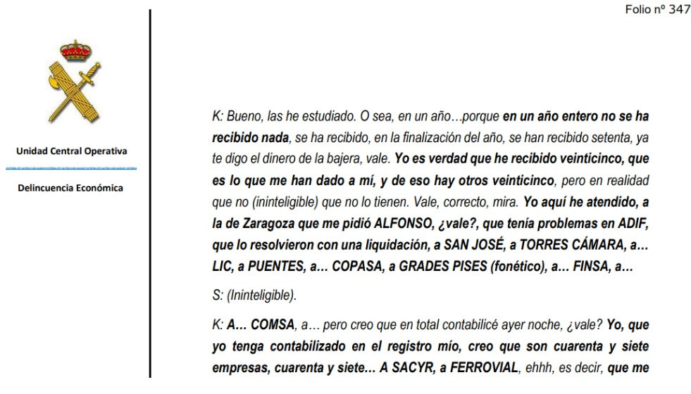 Captura de pantalla del informe de la UCO en el que se transcribe una conversaciu00f3n entre Koldo y Santos Cerdu00e1n 2