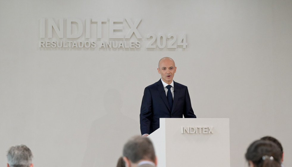 Archivo - El consejero delegado de Inditex, Óscar García Maceiras, interviene durante la presentación de resultados de Inditex del 2024, a 12 de marzo de 2025, en Santiago de Compostela, A Coruña,