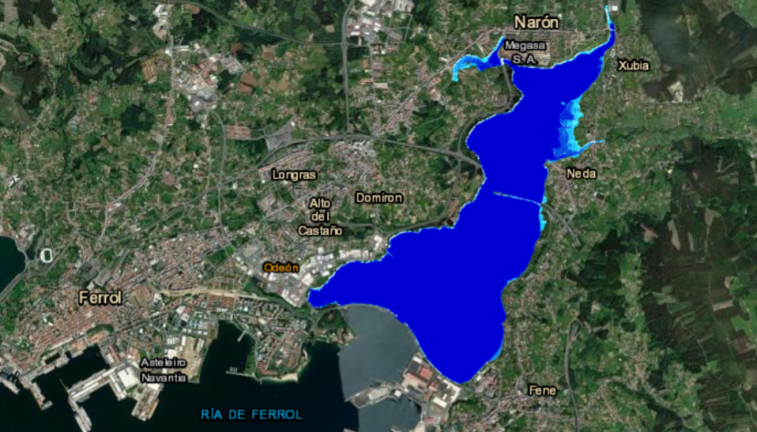 Riesgo potencial de inundación marian en la Ría de Ferrol según el visor C3E de la Xunta