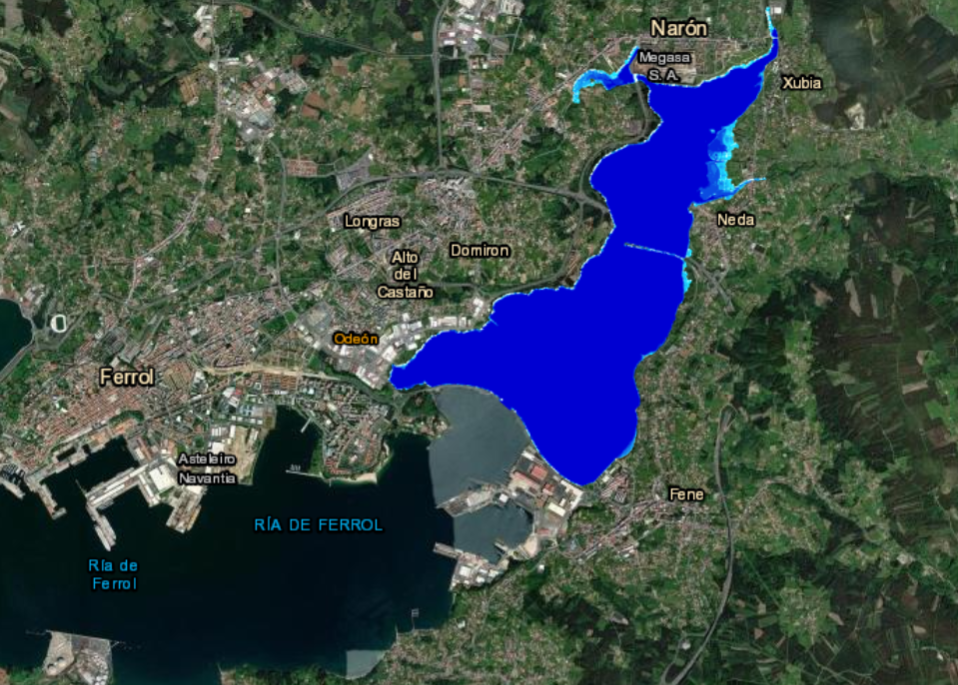 Riesgo potencial de inundaciu00f3n marian en la Ru00eda de Ferrol segu00fan el visor C3E de la Xunta
