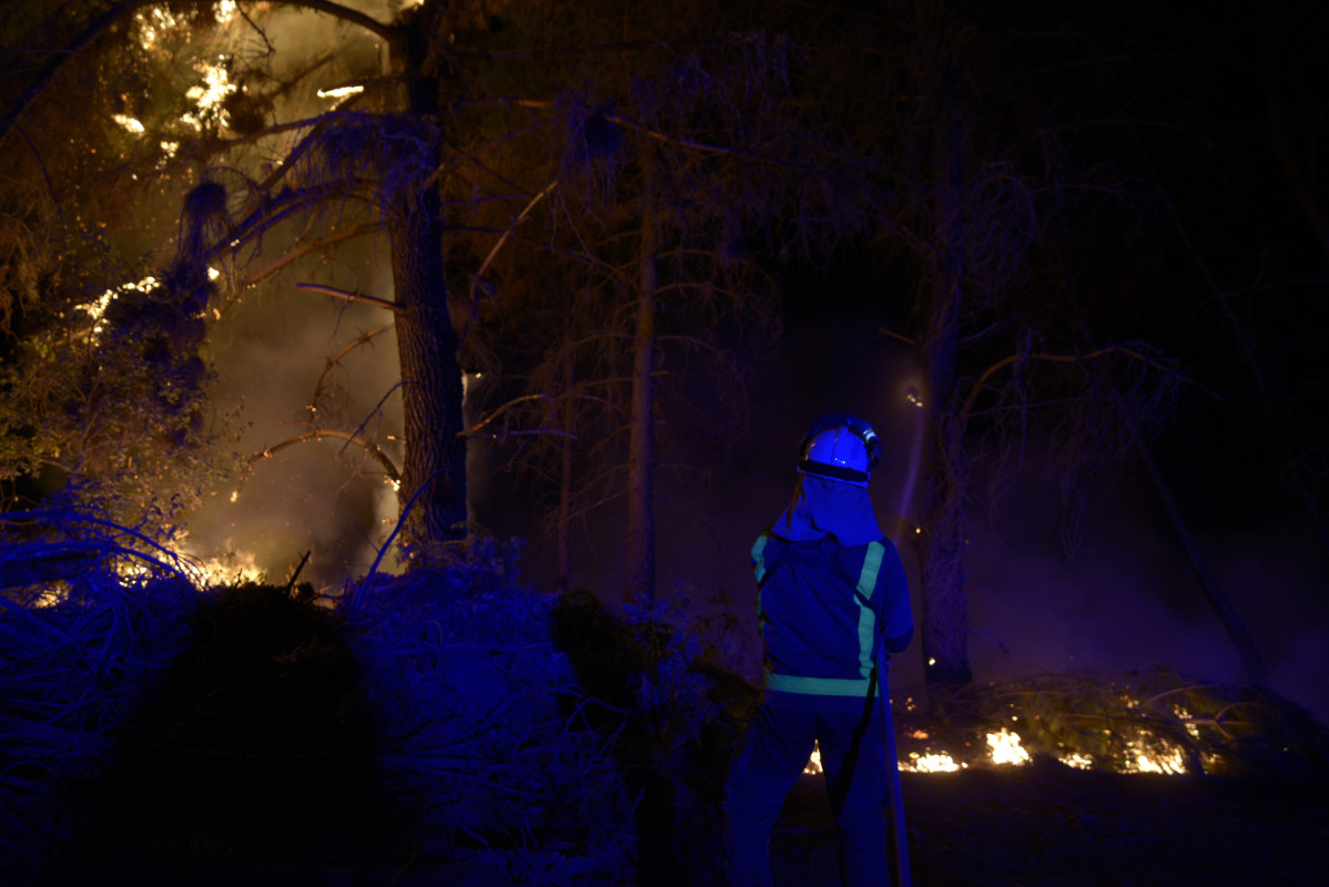 Bomberos forestales tratan de extinguir el fuego en Vences, en Monterrei (Ourense).