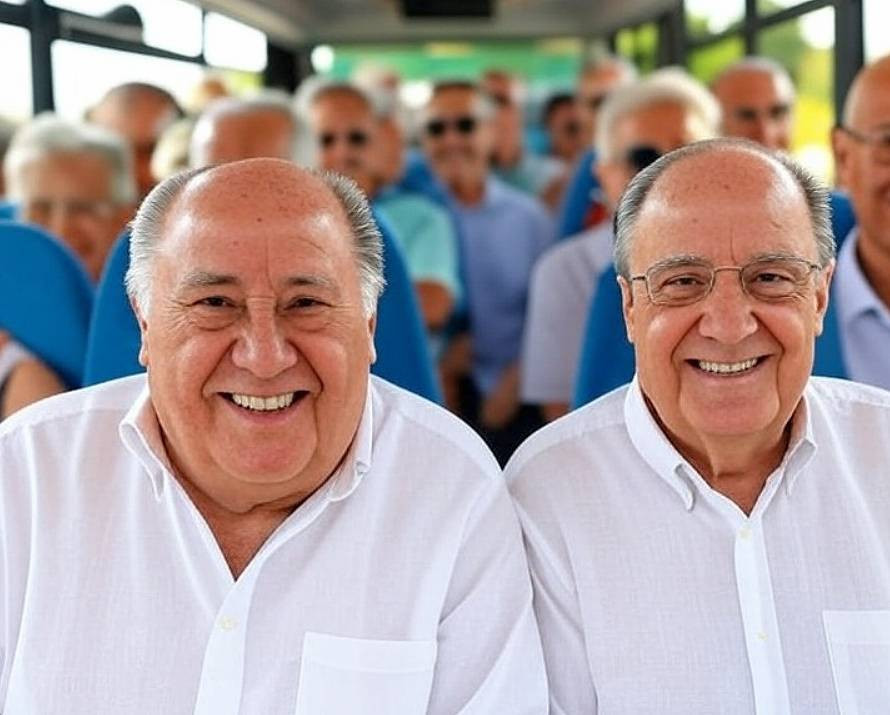 Representaciu00f3n de Amancio Ortega y Florentino Pu00e9rez en un viaje del Inmserso en una imagen creada con IA
