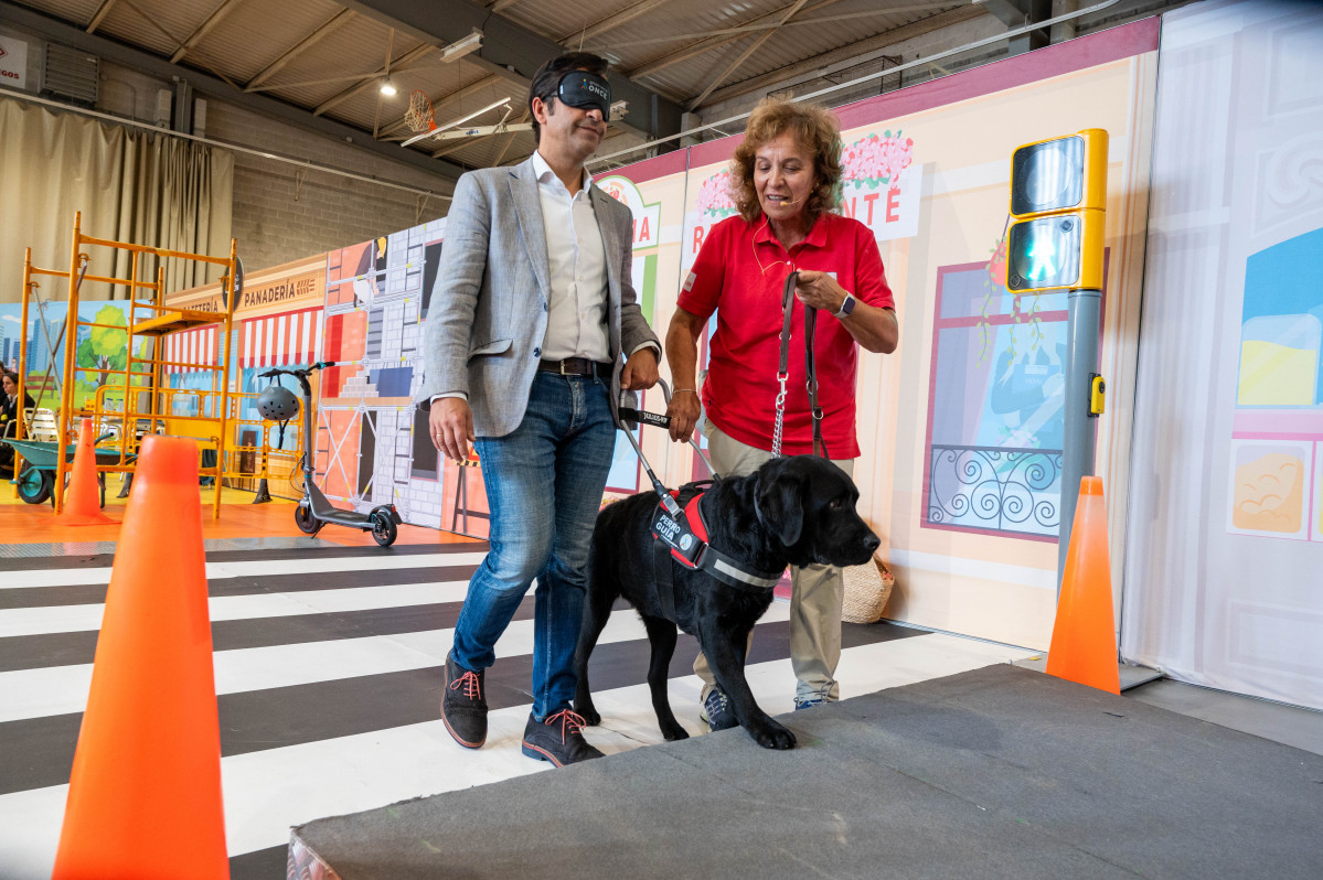 Josu00e9 Manuel Rey, alcalde de Ferrol, con antifaz, deju00e1ndose guiar por uno de los perros
