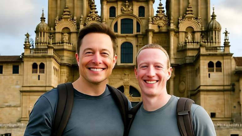 Imagen generada por IA de Elon Musk dueu00f1o de X con Mark Zuckerberg dueu00f1o de Meta en el Obradoiro tras hacer el camino de Santiago