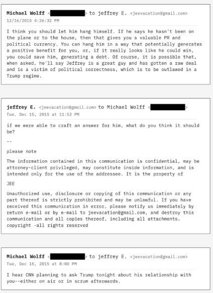 Intercambio de correo entre Wolf y Epstein en el que se menciona a Trump