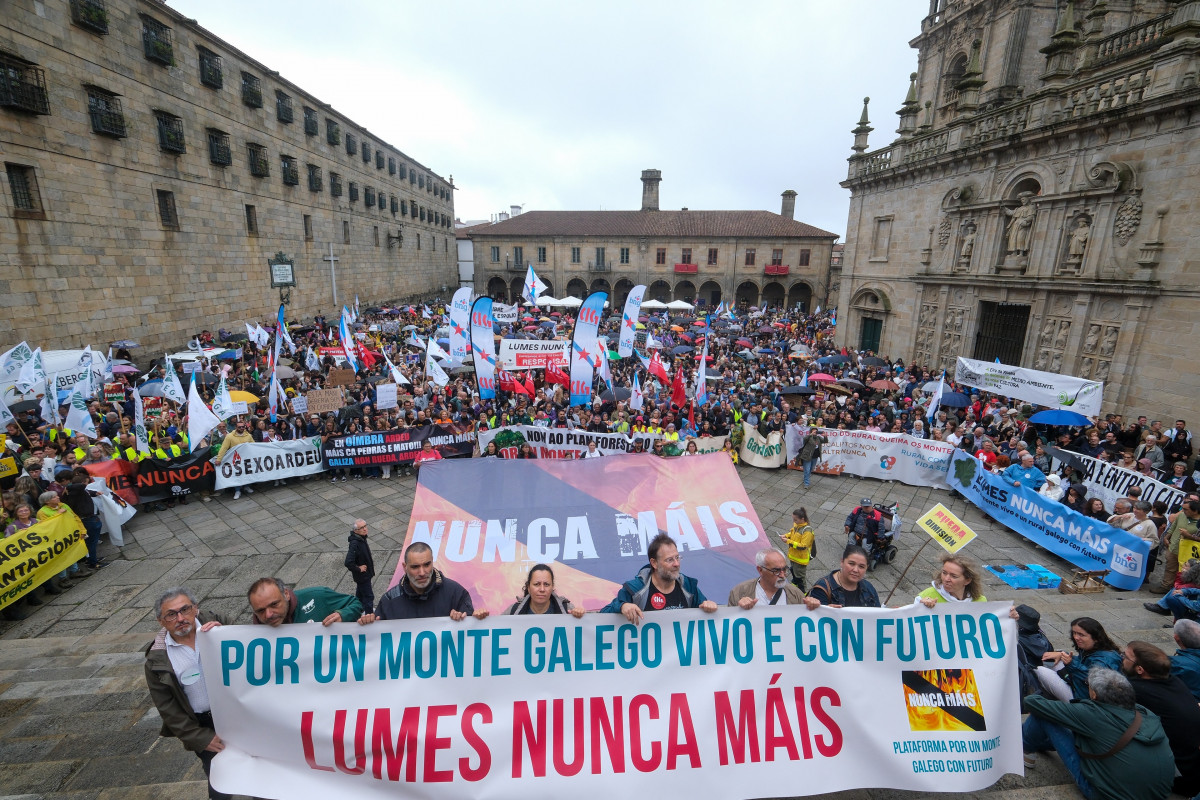 Decenas de personas durante la manifestación contra la gestión de la Xunta de Galicia en los incendios forestales, a 14 de septiembre de 2025, en Santiago de Compostela, A Coruña, Galicia (España)