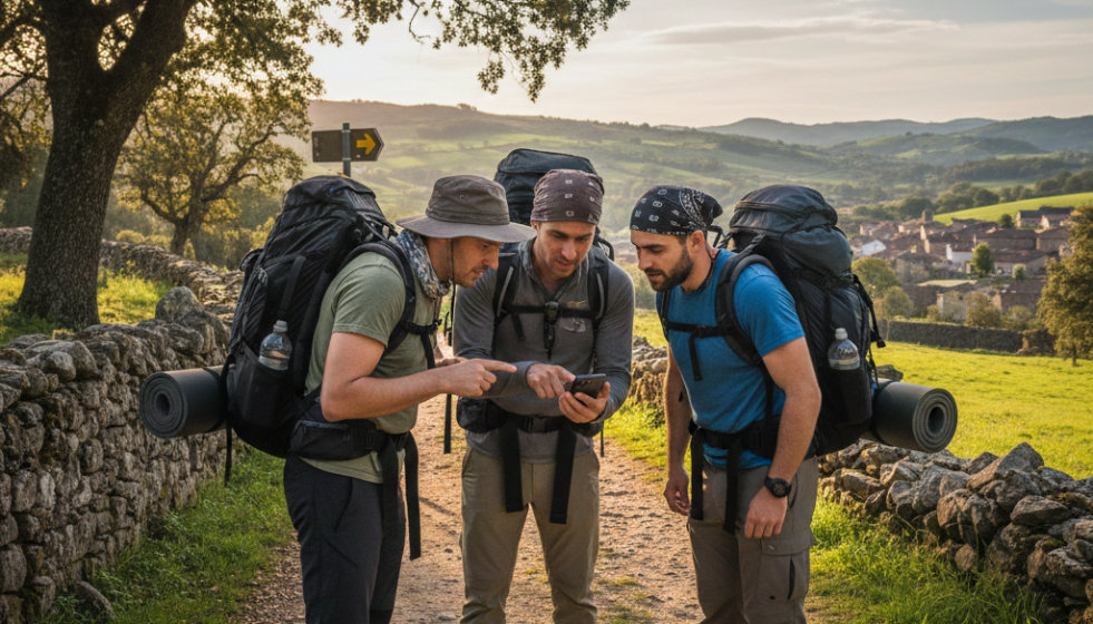 Peregrinos en el Camino de santiago consultando el teléfono móvil