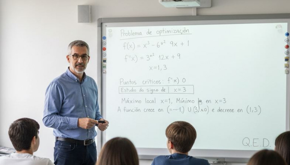 Un profesor enseñando Matemáticas en gallego en una imagen creada con IA