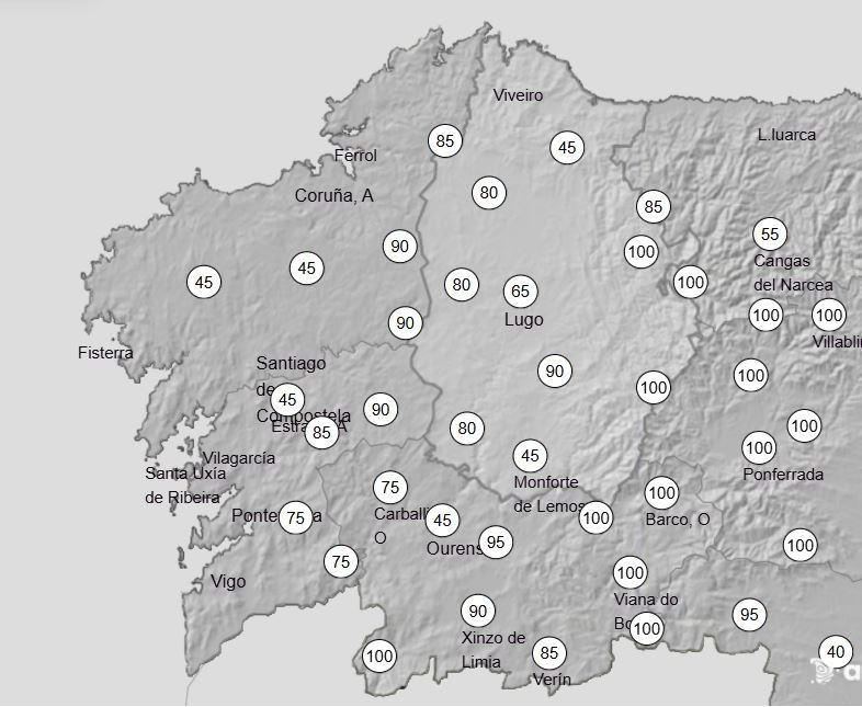 Probabilida de nieve el viernes en Galicia en un mapa de AEMET