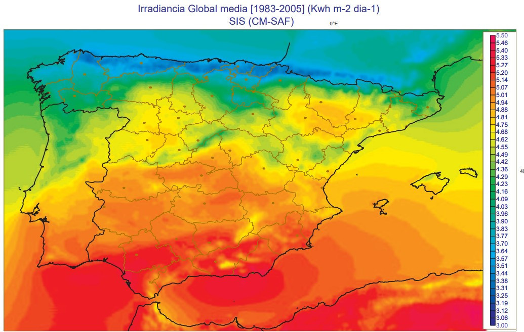 Mapa de AEMET con la irridancia media en Espau00f1a