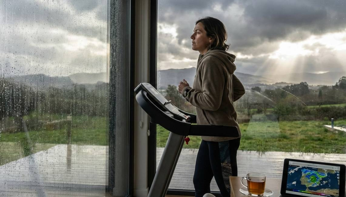 Haciendo ejercicio en interiores en un du00eda de lluvia en una imagen generada por IA