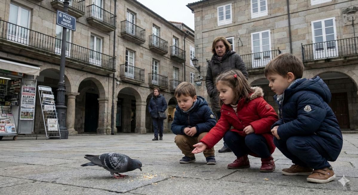 Niu00f1os interactuando con una paloma en un aimagen creada con IA