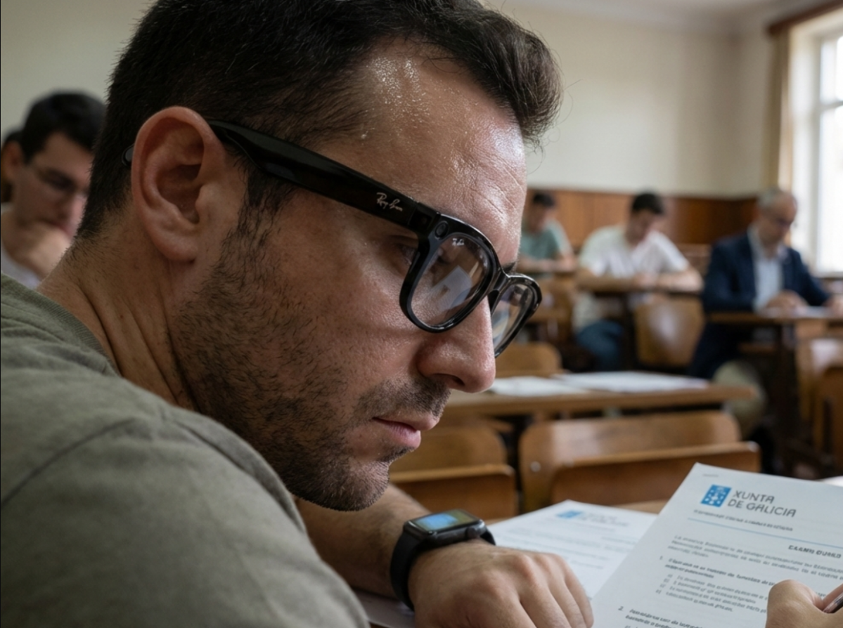 Imagen generada con IA de un opositor copiando en unas oposicones a la Xunta con unas fagas inteligentes