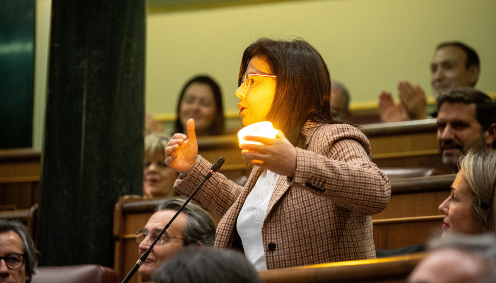 La diputada del PP Ana Vázquez sostiene en el Congreso una baliza V16 en la sesión de control al Gobierno en el Congreso de los Diputados
