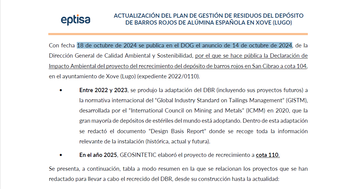 Parte del informe sobre aumento a cota 11 balsa Alcoa
