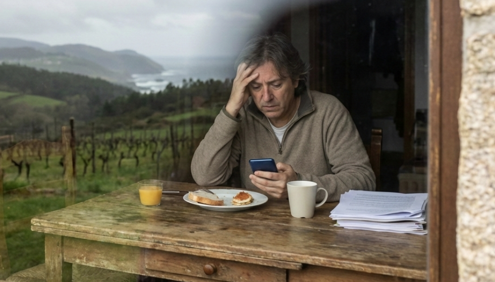 Imagen generada por IA de un gallego preocupado desayunando