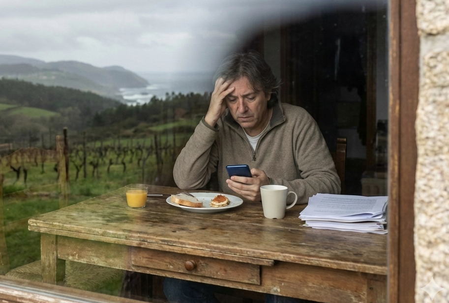 Imagen generada por IA de un gallego preocupado desayunando