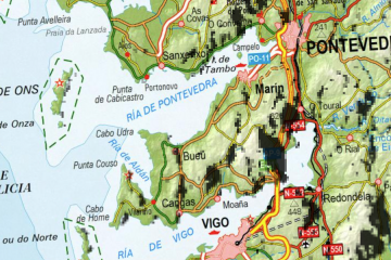 En negro, las zonas de sombra de As Rías Baixas donde no se podrá ver el inicio del eclipse de Sol