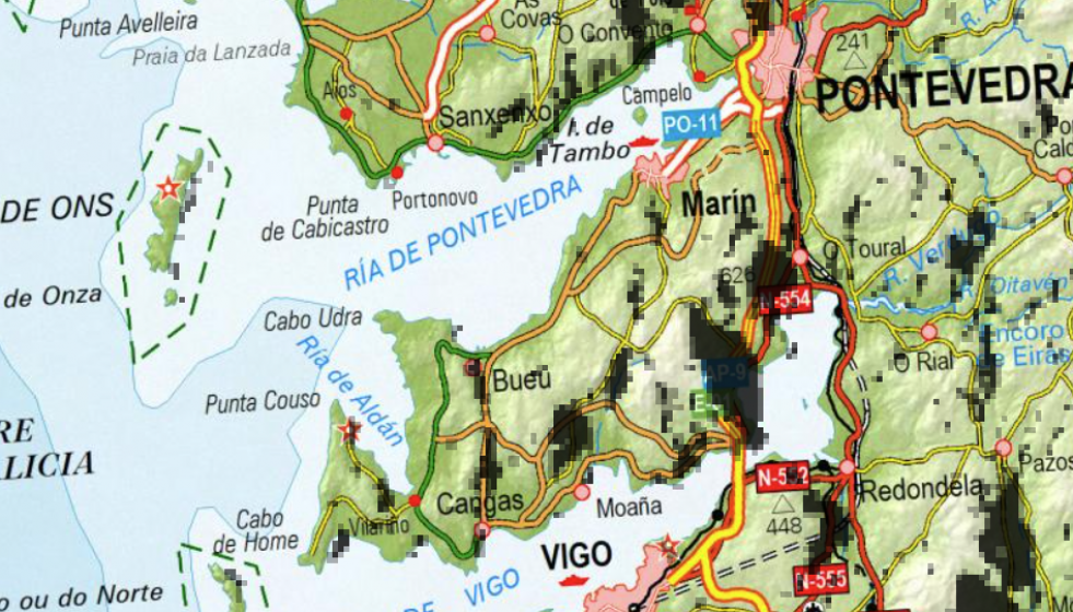 En negro, las zonas de sombra de As Rías Baixas donde no se podrá ver el inicio del eclipse de Sol