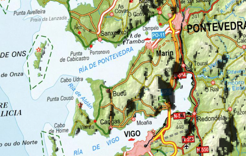 En negro, las zonas de sombra de As Ru00edas Baixas donde no se podru00e1 ver el inicio del eclipse de Sol