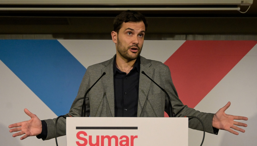 Archivo - El portavoz de Sumar Galicia, Paulo Carlos López, comparece durante el seguimiento de la jornada electoral de los comicios autonómicos de Galicia, en el Hotel Peregrino, a 18 de febrero de