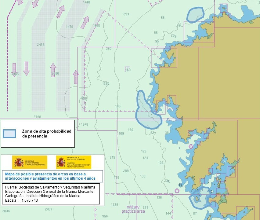 Carta náutica con áreas azules que indican alta probabilidad de presencia de orcas según avistamientos recientes.