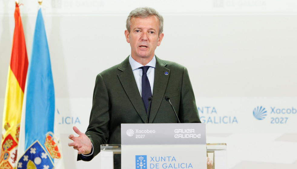 El titular del Ejecutivo gallego, Alfonso Rueda, en la rueda de prensa posterior a la reunión del Consello