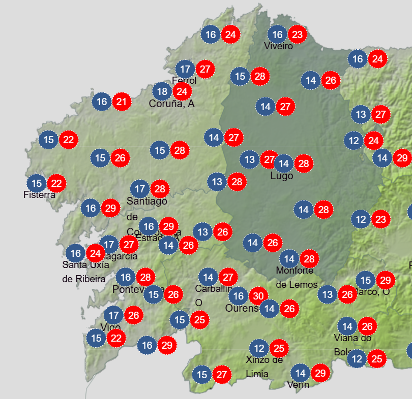 Mapa de temperaturas previstas este su00e1bado para AEMET