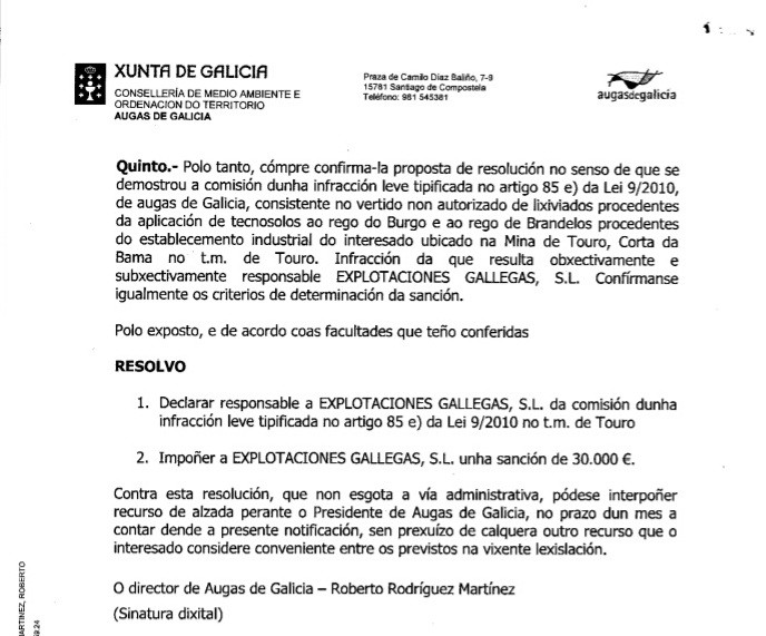 Resoluciu00f3n expediente sancionador Augas de Galicia   mineira de Touro   Explotacións Galegas
