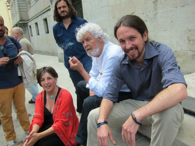 Yolanda Díaz (EU), Xosé Manuel Beiras (Anova) e Pablo Igrexas (Podemos)