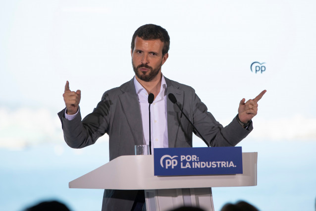 O presidente do PP, Pablo Casado, intervén nun acto do PPdeG en Oleiros (A Coruña/Galicia/España) ao 6 de outubro de 2019.