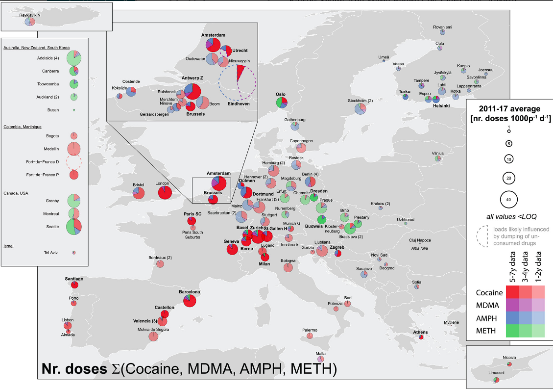 Mapa do nu00famero de dose de catro de tipos de drogas atopadas nas augas residuais de diferentes cidades