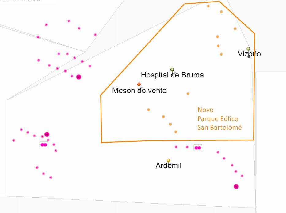Mapa do proxecto de parque Monte San Bartolomu00e9 en Ordes extrau00eddo da web da Xunta, a ubicaciu00f3n dos novos muíños estu00e1 en cor amarela