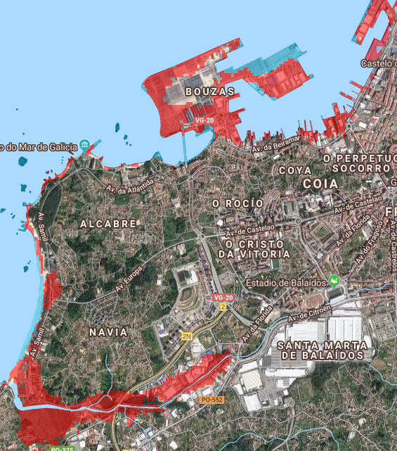 Mapa de Vigo, en vermello as zonas potencialmente sumergibles de seguir o actual ritmo de desxeo dos polos e quecemento global
