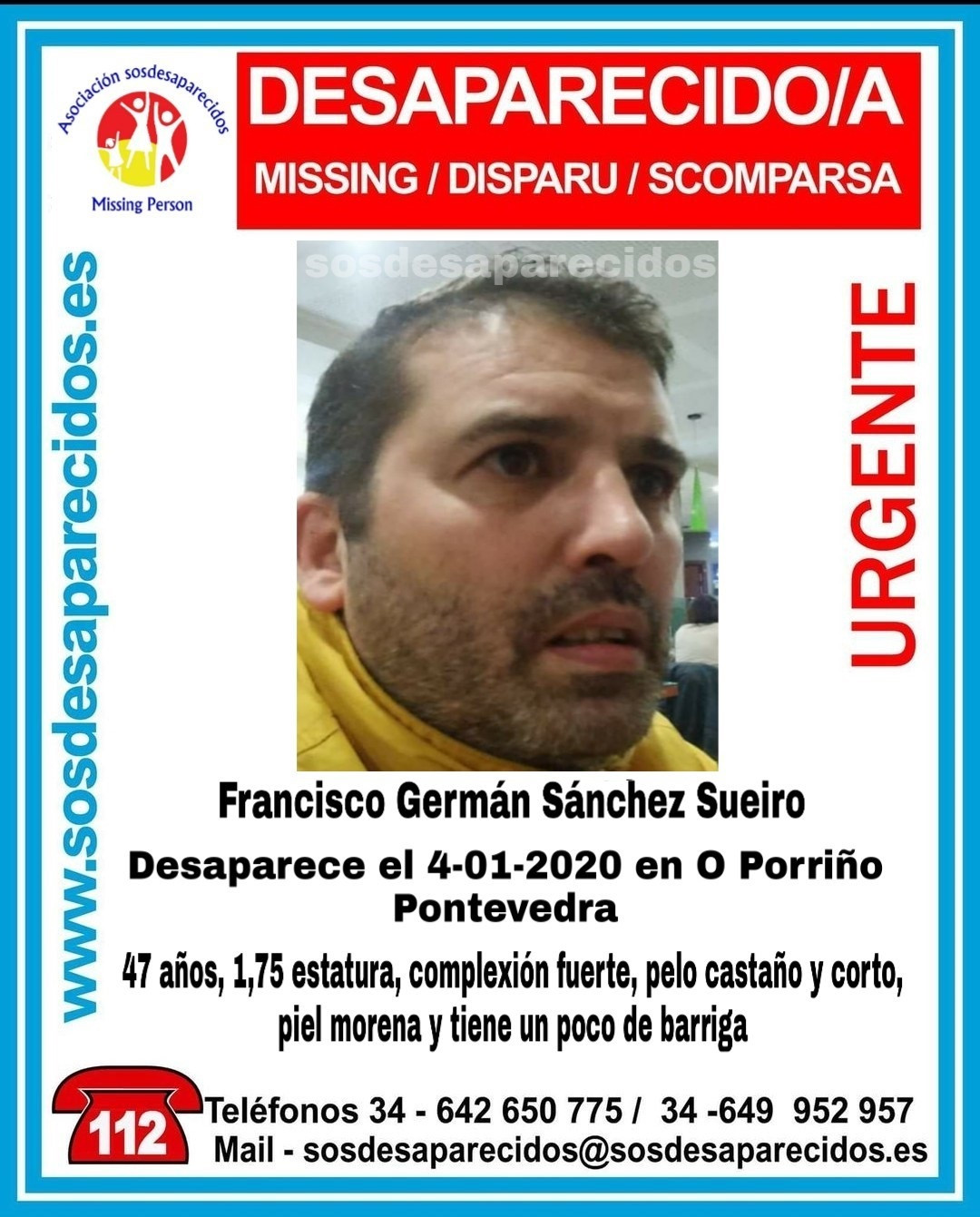 Veciño do Porriño (Pontevedra) desaparecido desde o 4 de xaneiro de 2020, cando saía de traballar nunha panadería.